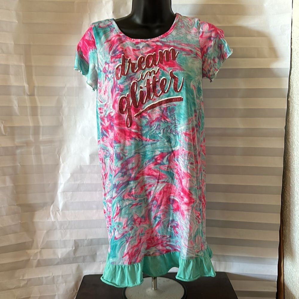 SO Girl’s Nightgown Size 12 Pink Green “Dream in Glitter” Short Sleeve Sleepwear